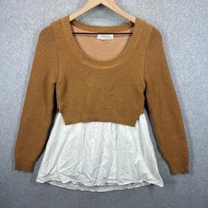 Anthropologie Mixed Media Sweater‎ Top Womens XS Brown White Layered Long Sleeve